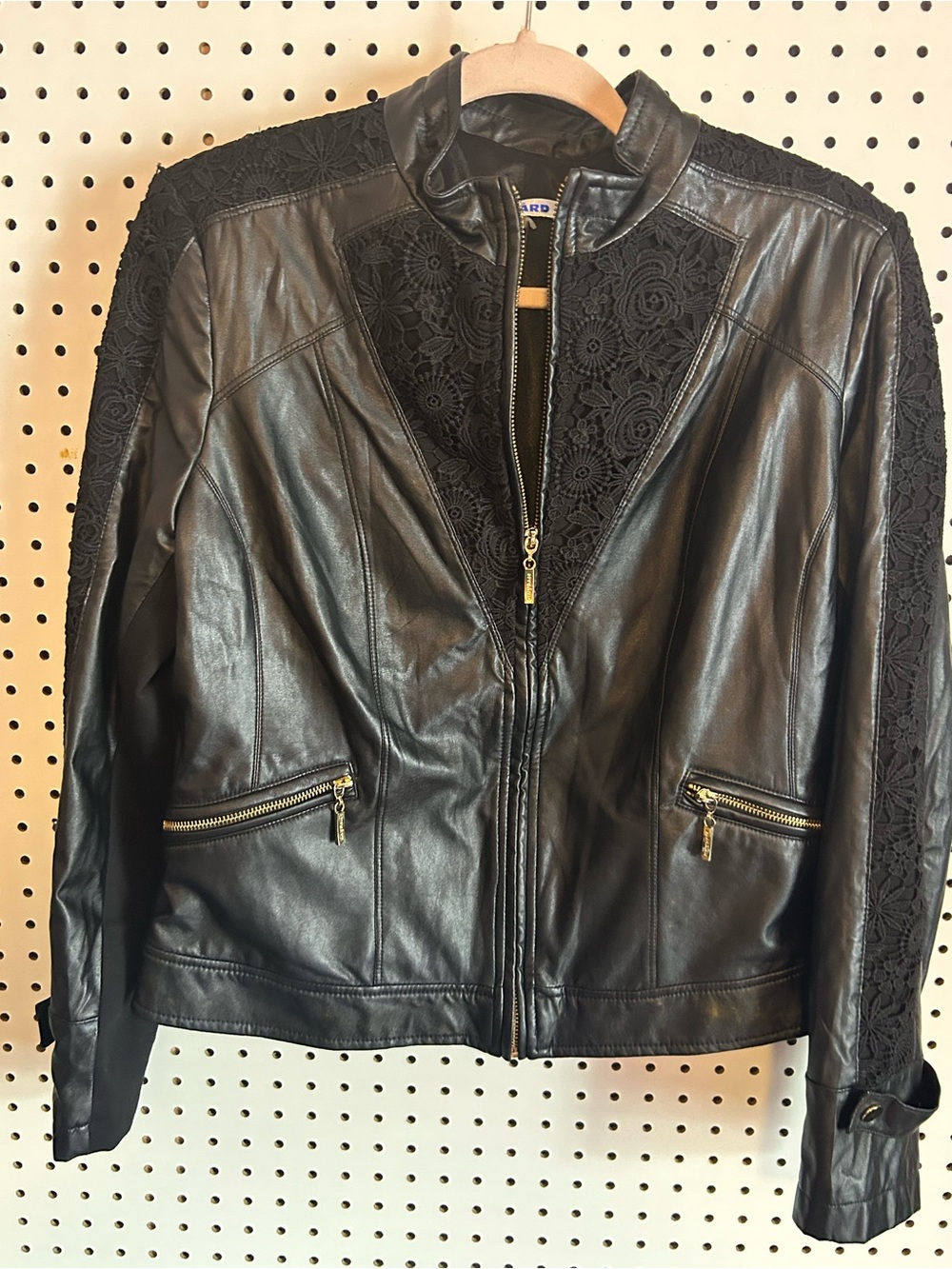 Women's Black Faux Leather Jacket with Lace Panels